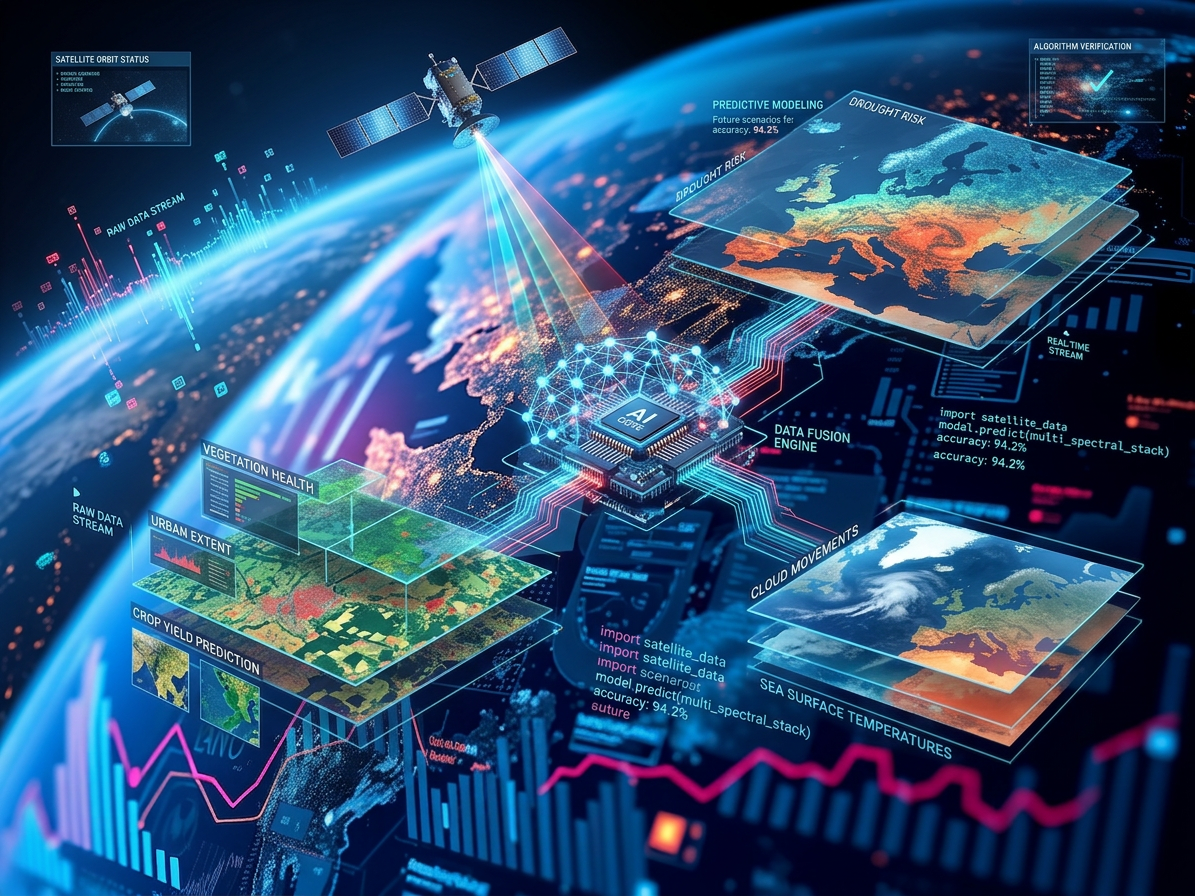 Satellite transmitting data for AI analysis of vegetation health, urban extent, crop yield, drought risk, and sea surface temperatures